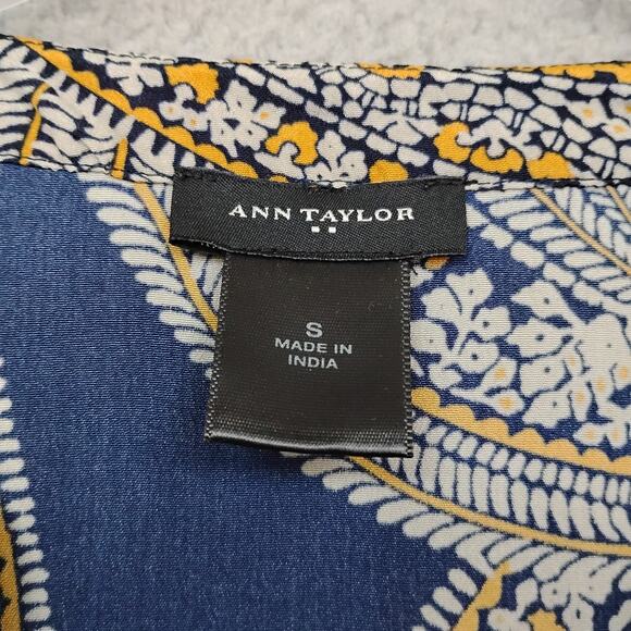 Ann Taylor Peasant Blouse Size Small Blue & Gold Paisley Giant Print Long Sleeve - Picture 5 of 5